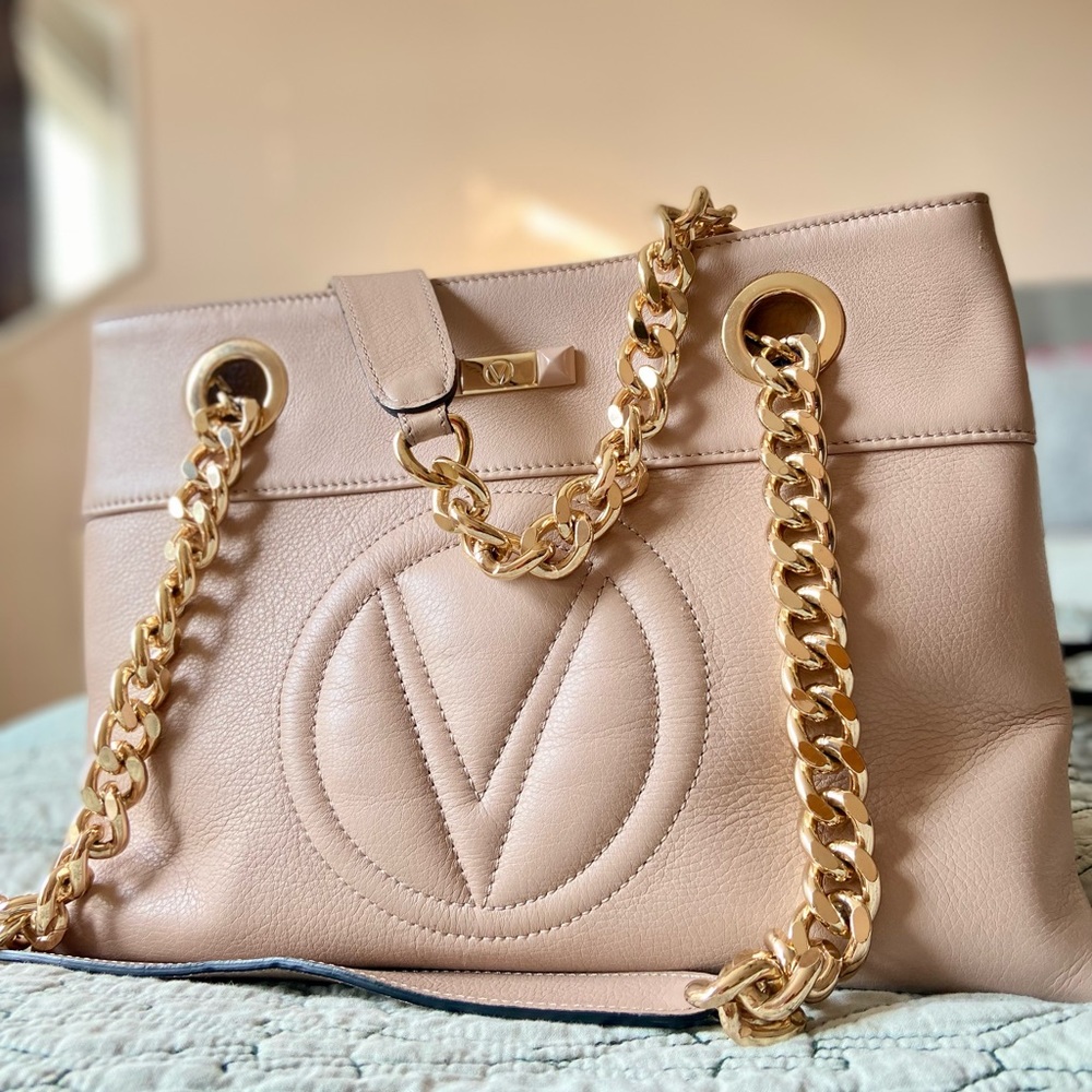 AUTHENTIC Mario Valentino, genuine leather, tote bag with chain handles.
